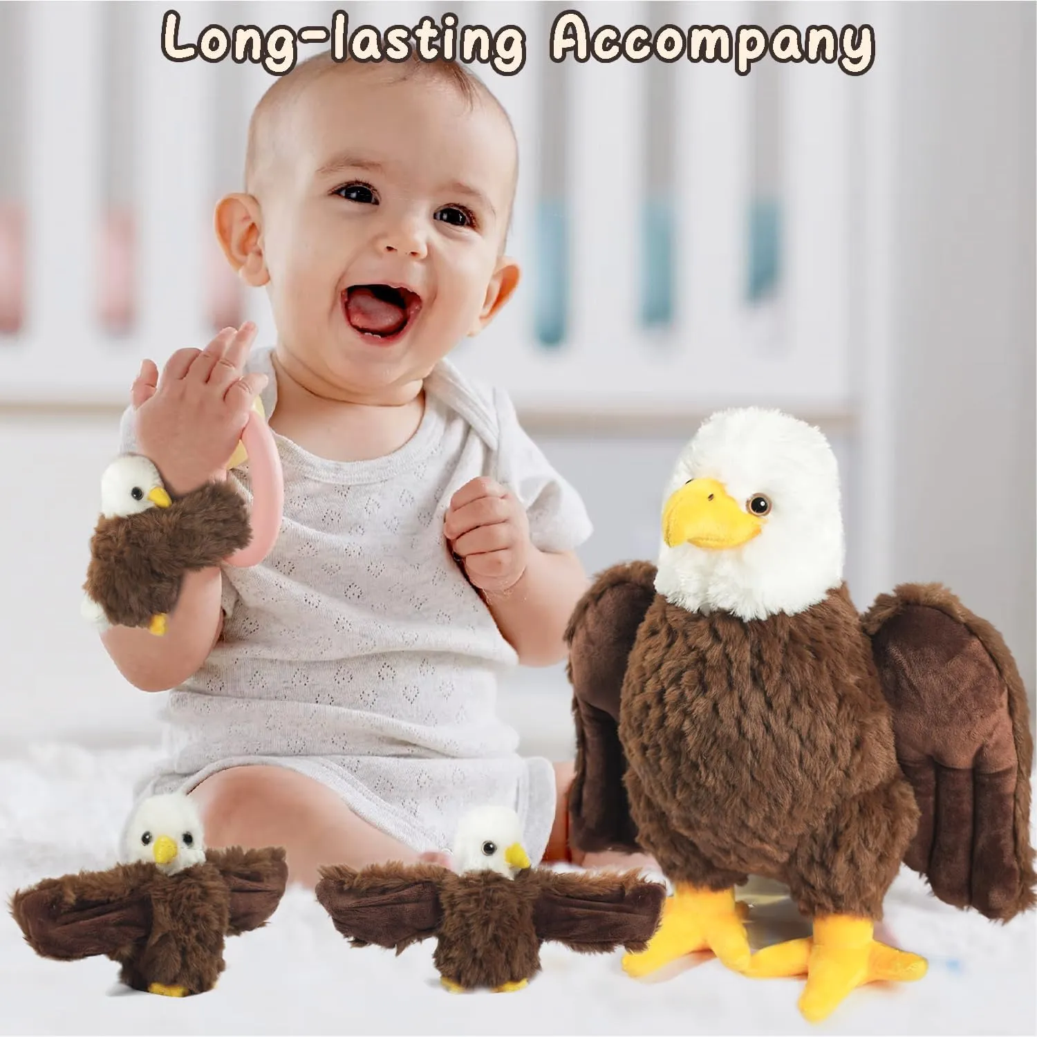 Bald Eagle Stuffed Animal Plush, 14 Inch Mommy Eagle Plush with 3 Cute Babies Bald Eagles Slap Bracelet Plushies Eagles Stuffed Animal Toy for Kids Boys Girls Birthday Christmas Party Decor