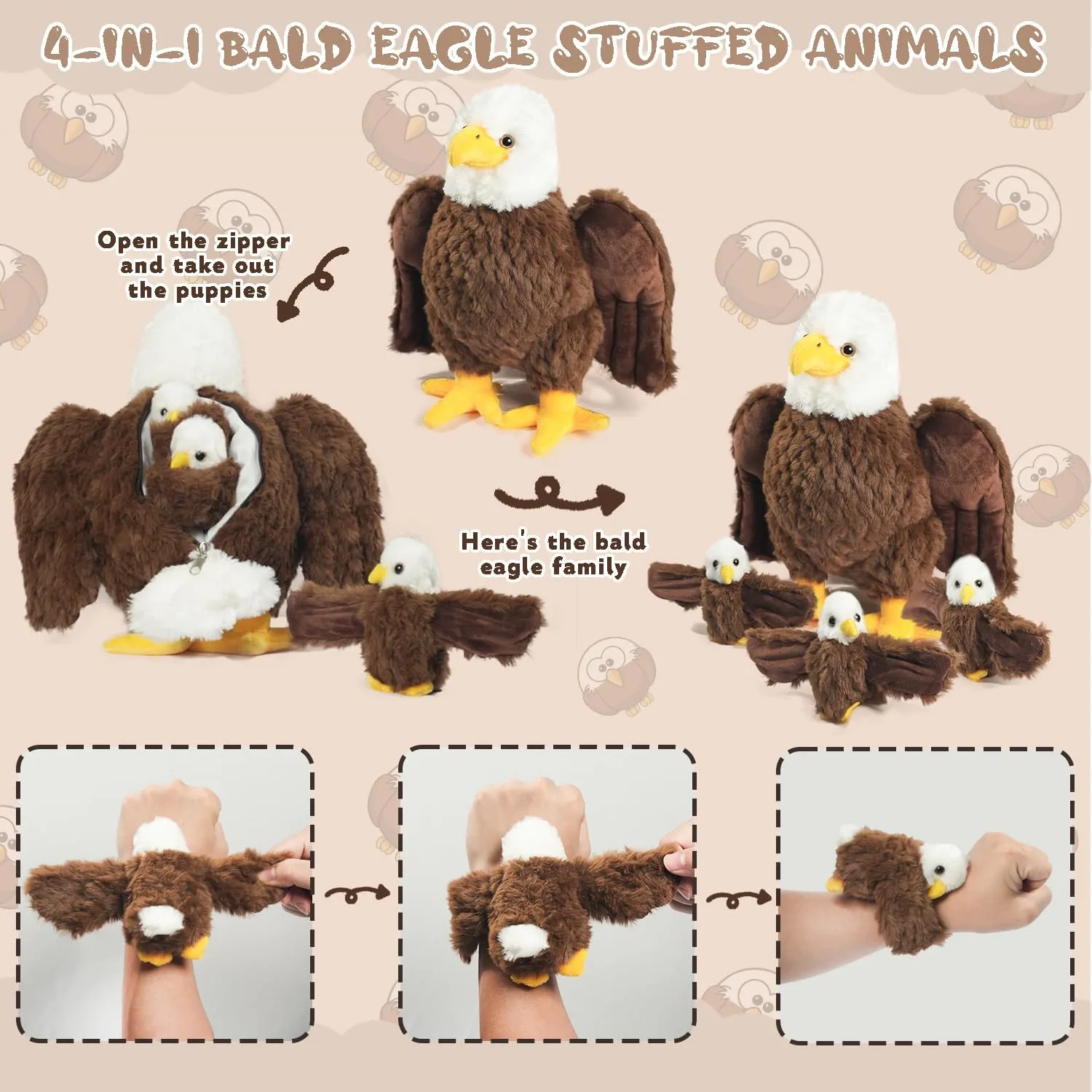 Bald Eagle Stuffed Animal Plush, 14 Inch Mommy Eagle Plush with 3 Cute Babies Bald Eagles Slap Bracelet Plushies Eagles Stuffed Animal Toy for Kids Boys Girls Birthday Christmas Party Decor