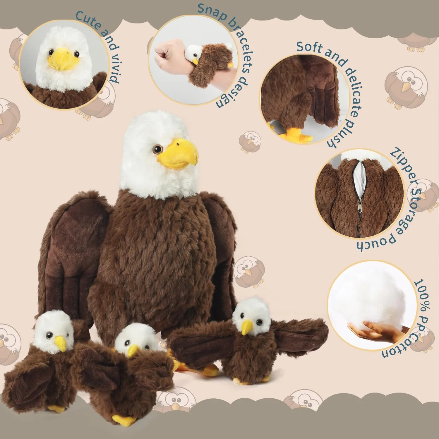 Bald Eagle Stuffed Animal Plush, 14 Inch Mommy Eagle Plush with 3 Cute Babies Bald Eagles Slap Bracelet Plushies Eagles Stuffed Animal Toy for Kids Boys Girls Birthday Christmas Party Decor