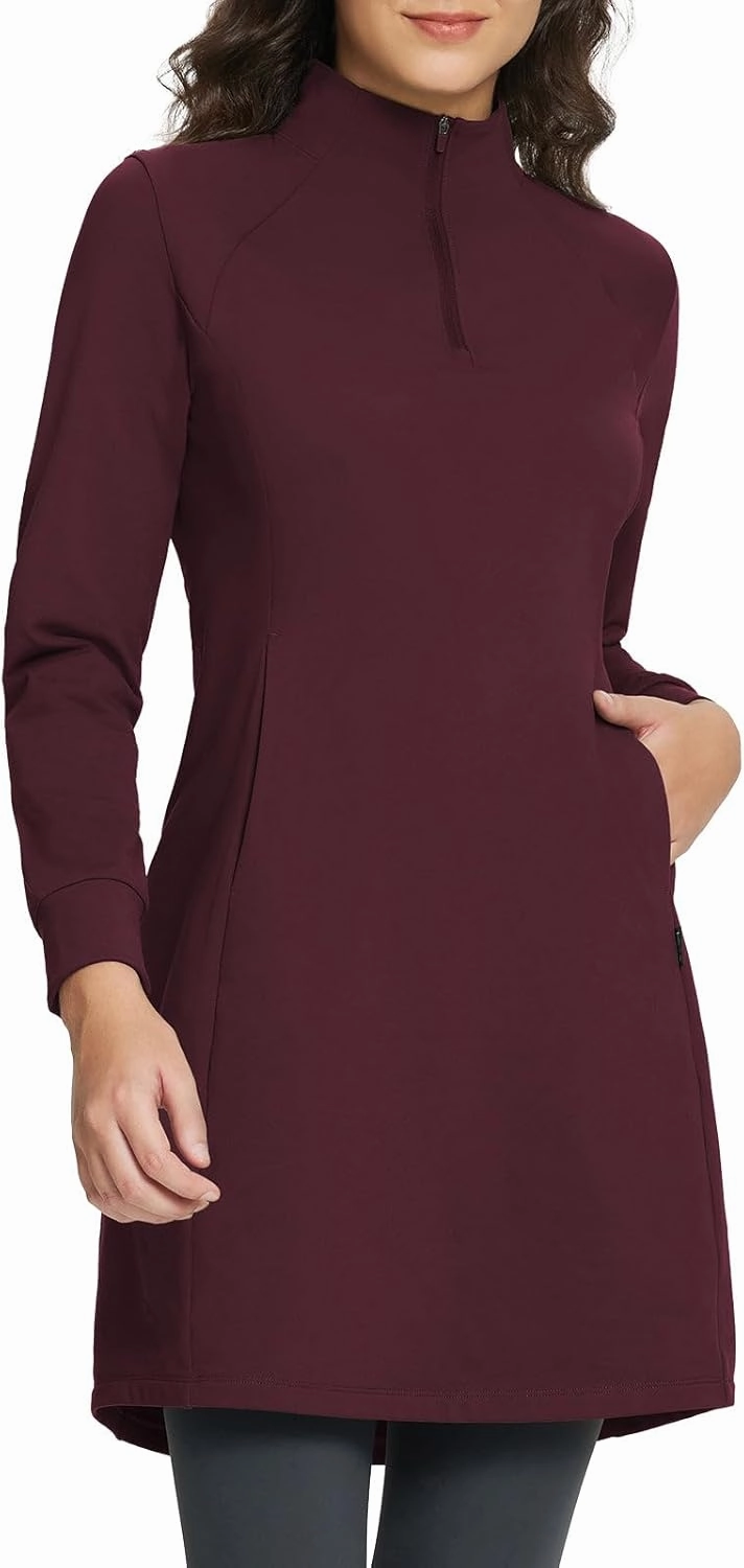 baleaf Women's Fleece Lined Dress Sweatshirt Dress Water Resistant Warm Quarter Zip Cover Up Winter Outdoor with Pocket