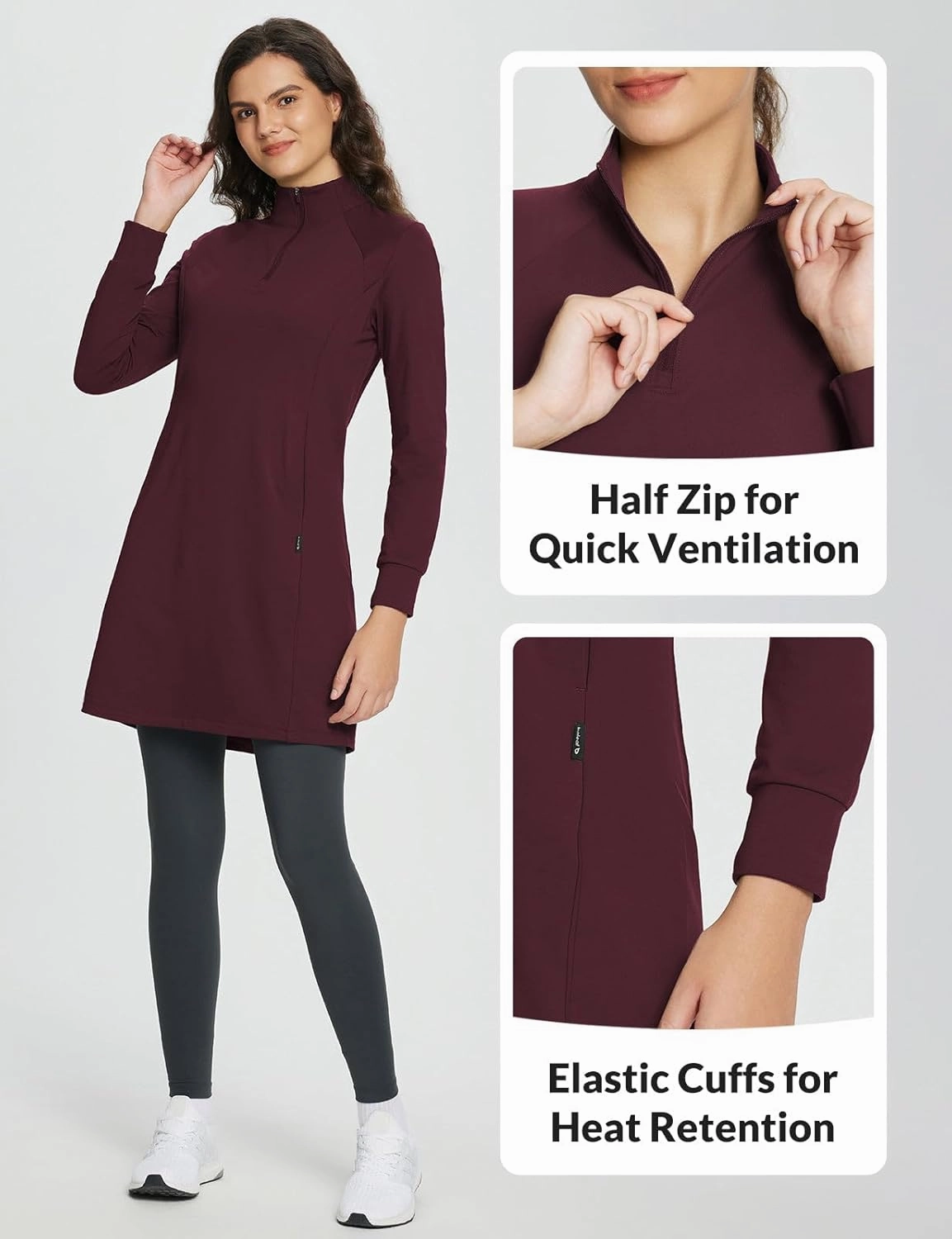 baleaf Women's Fleece Lined Dress Sweatshirt Dress Water Resistant Warm Quarter Zip Cover Up Winter Outdoor with Pocket