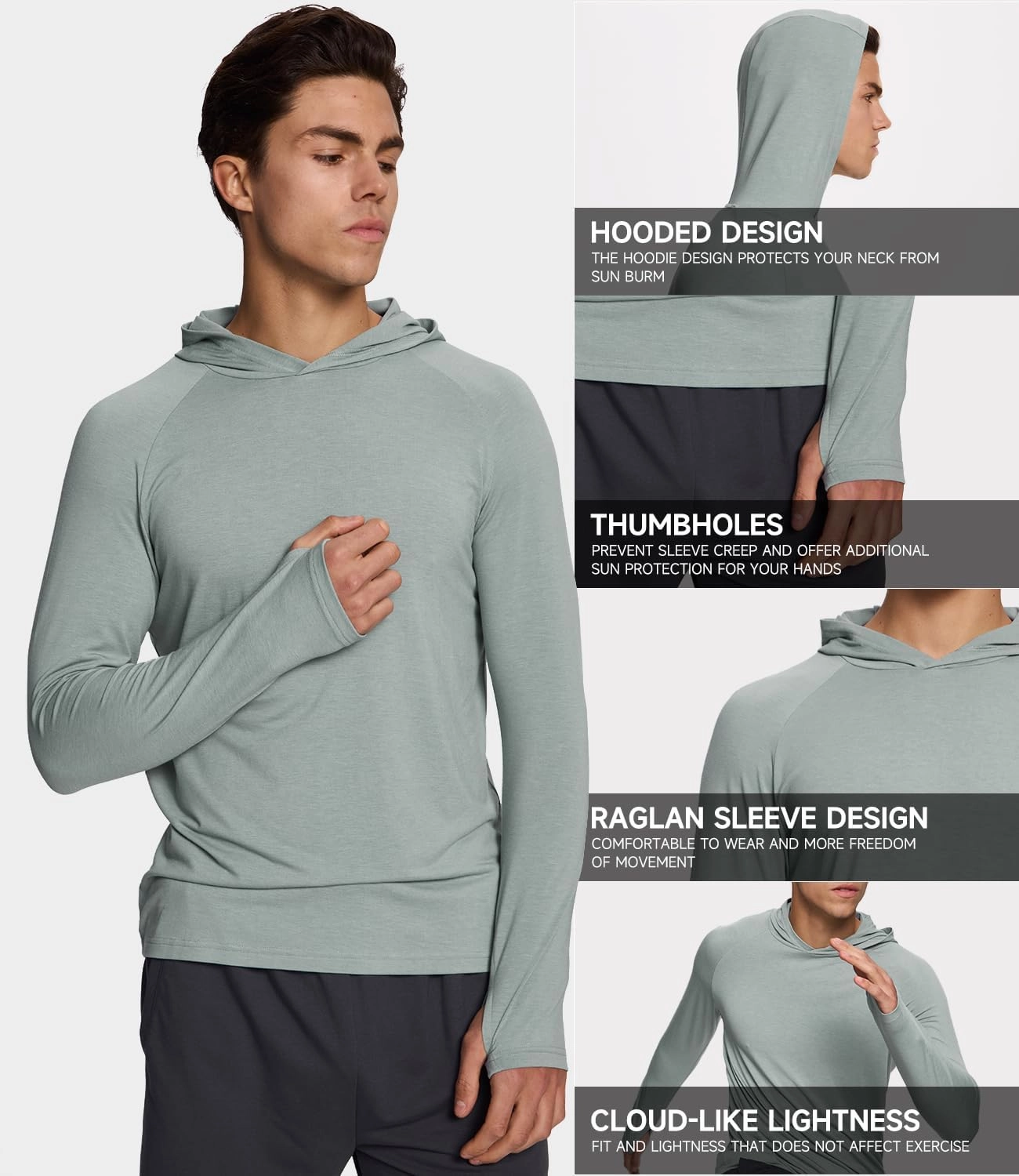 BAMBOO COOL Men's UPF 50  Athletic Hoodies Soft Lightweight Sweatshirts Long Sleeve Pullover Sun Protection Hoodie Tops