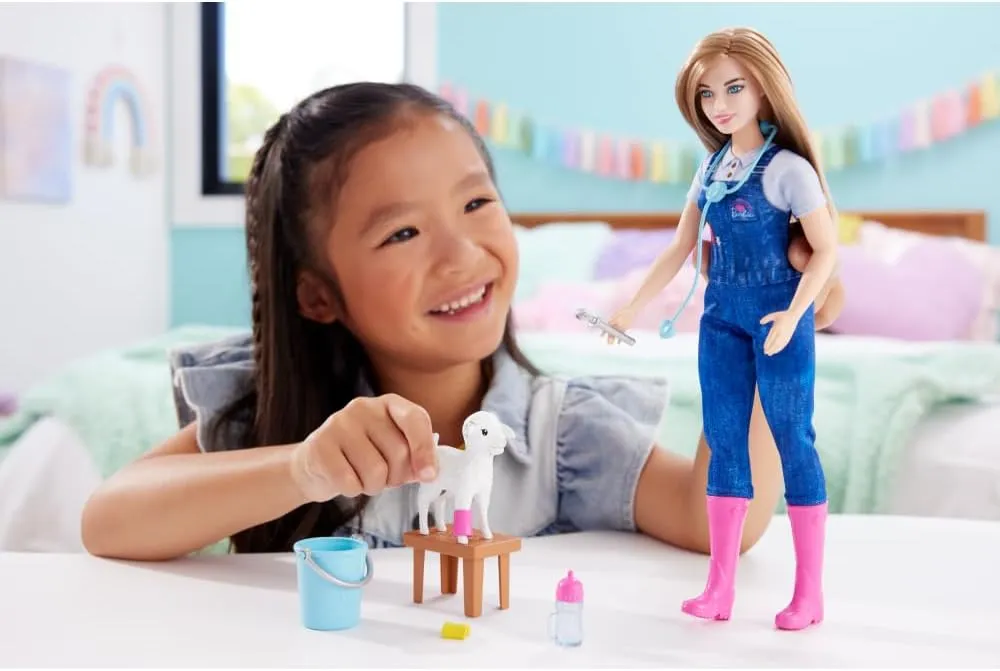 Barbie Careers Playset, 65th Anniversary Farm Veterinarian Set with Blonde Vet Fashion Doll & 10 Accessories Including Lamb with Moving Ears