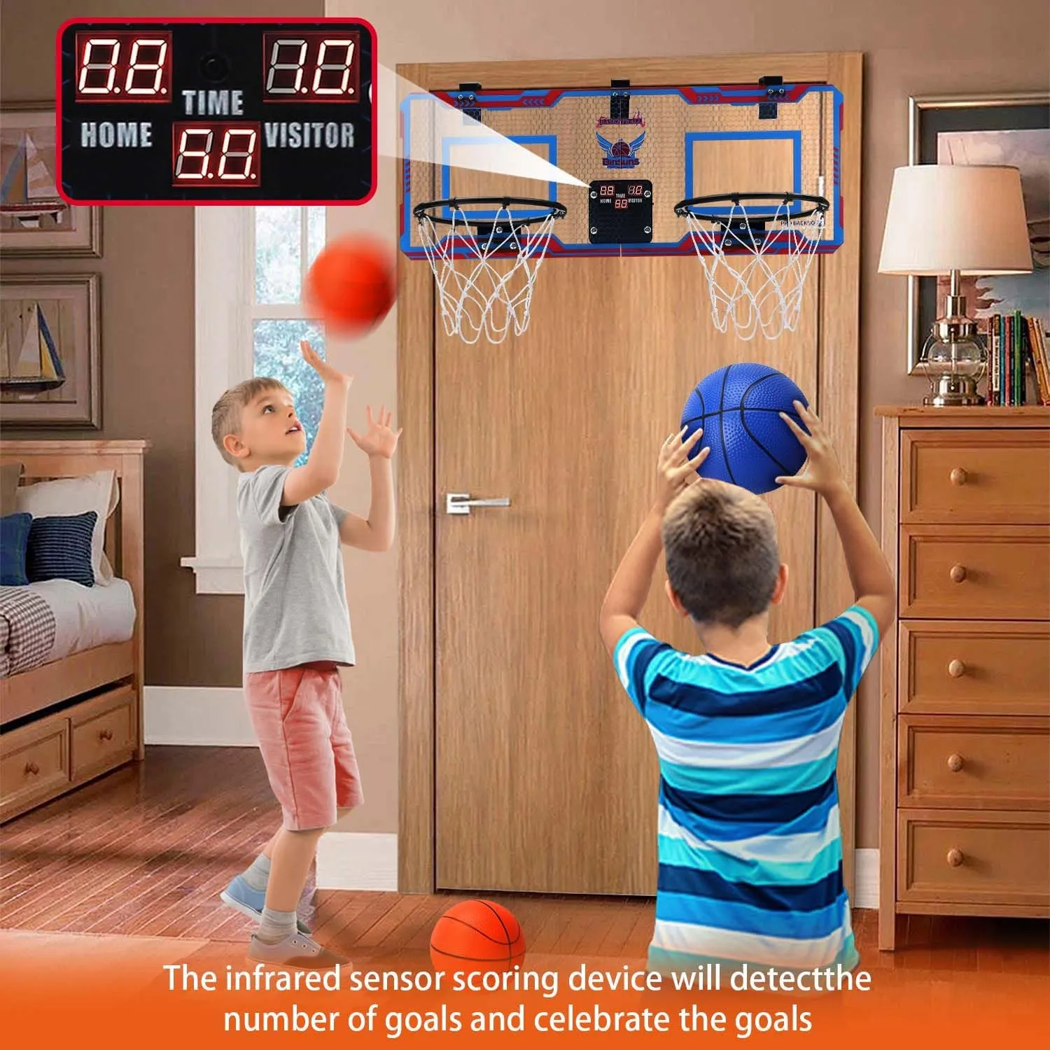 Basketball Hoop Indoor 2 Player - Double Shot Over The Door Basketball Hoop, Electronic Scoreboard and 4 Balls Gifts for Bedroom Office Men