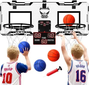 Basketball Hoop Indoor 2 Player - Double Shot Over The Door Basketball Hoop, Electronic Scoreboard and 4 Balls Gifts for Bedroom Office Men