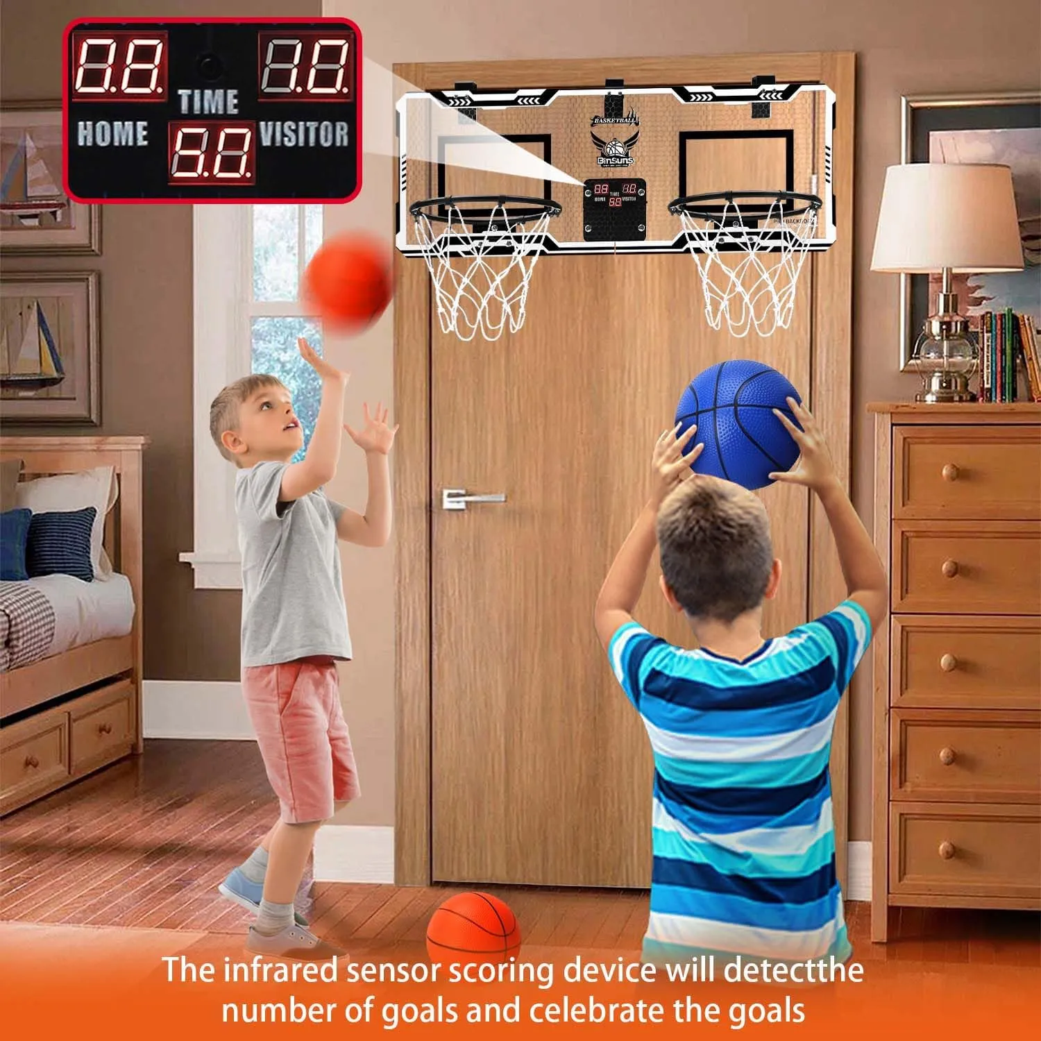 Basketball Hoop Indoor 2 Player - Double Shot Over The Door Basketball Hoop, Electronic Scoreboard and 4 Balls Gifts for Bedroom Office Men