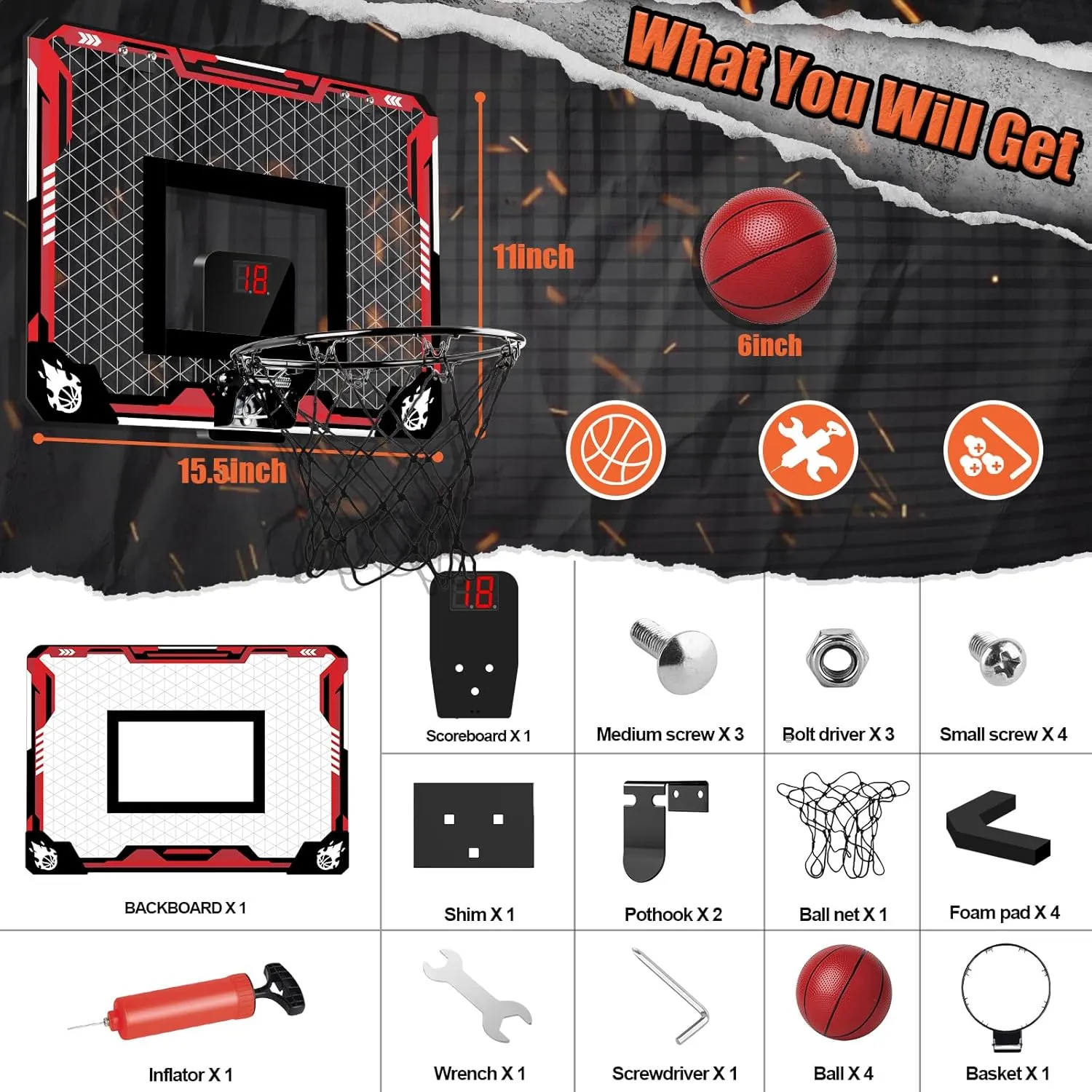 Basketball Hoop Indoor, Mini Basketball Hoop for Kid with Electronic Scoreboard & 4 Balls, Foldable Over The Door Fan Backboard Toy Sports Game Gift for Teens Boy Girl Adults Ages 3 