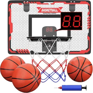 Basketball Hoop Indoor, Over The Door Basketball Hoop with Electronic Scoreboard, Mini Basketball Hoop for Bedroom Office Wall, Basketball Toys Gifts for Boys Teens Adults 3 4 5 6 7 8 9 10 11