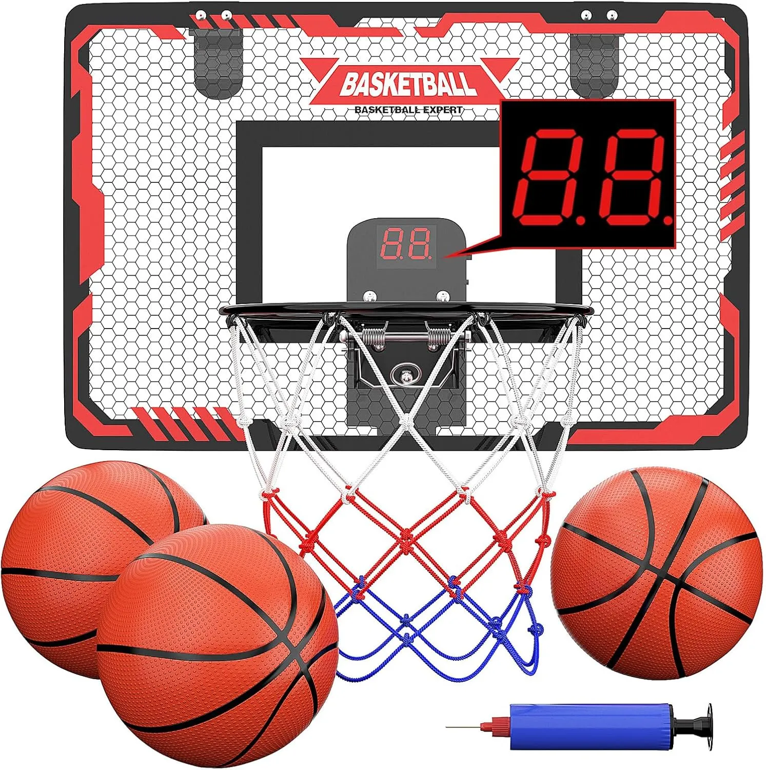 Basketball Hoop Indoor, Over The Door Basketball Hoop with Electronic Scoreboard, Mini Basketball Hoop for Bedroom Office Wall, Basketball Toys Gifts for Boys Teens Adults 3 4 5 6 7 8 9 10 11