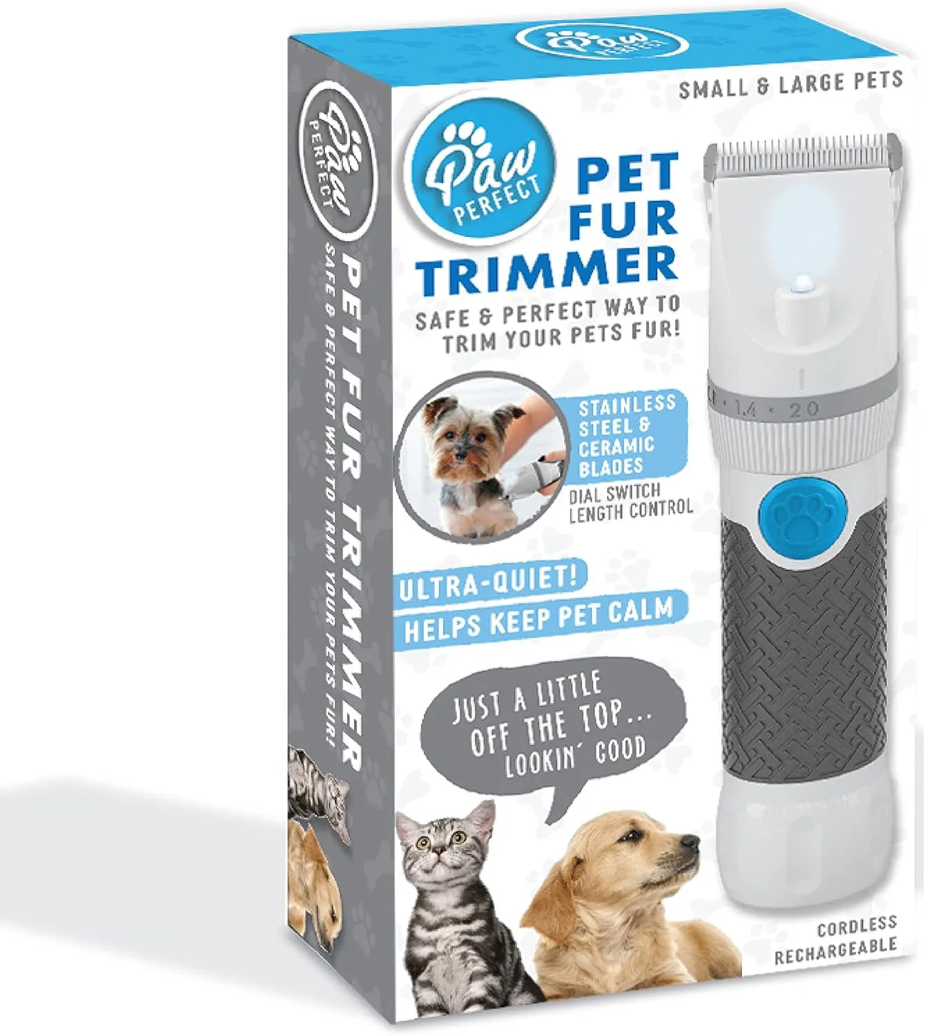 Bell Howell PawPerfect Pet Fur and Hair Trimmer, Clippers with Stainless Steel and Ceramic Blades Low Noise Rechargeable and Cordless Shaver for Furry Pets As Seen On TV