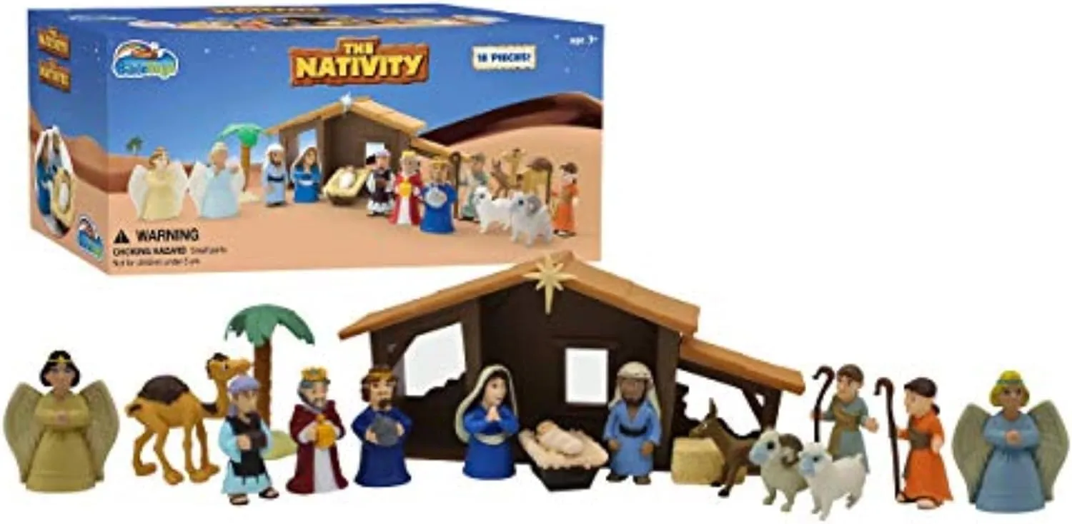 BibleToys Nativity Set - Christmas Story Manger Scene, 18 Pieces With Birth of Baby Jesus Mini-Storybook (in English & Spanish), Little Animals & Figures Indoor Playset, Children Ages 3 And Up