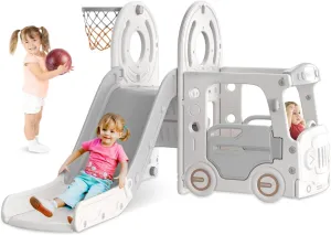 BIERUM 4 in 1 Toddler Slide Indoor, Bus Themed Baby Slide for Toddlers Aged 1-3, with Basketball Hoop, Indoor Outdoor Playground Beige Gray