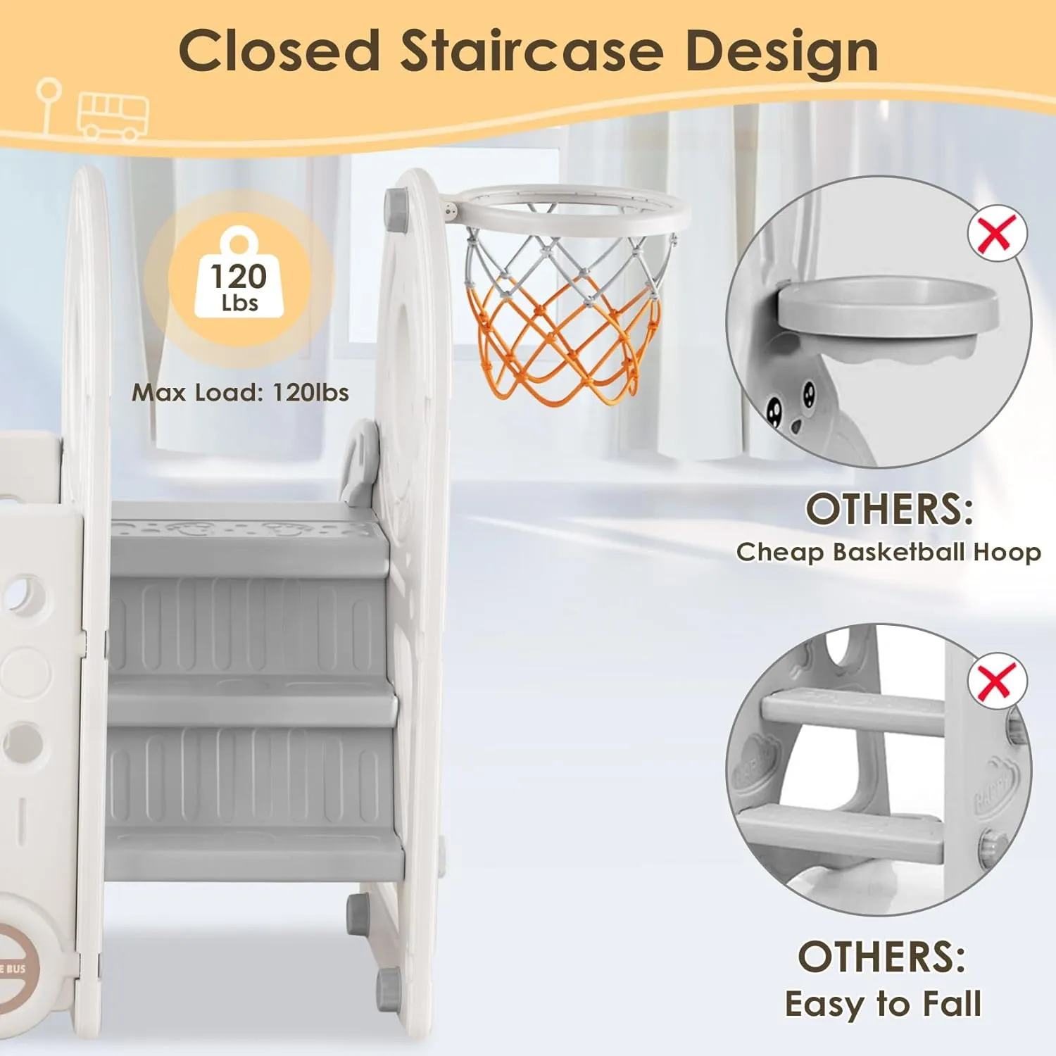 BIERUM 4 in 1 Toddler Slide Indoor, Bus Themed Baby Slide for Toddlers Aged 1-3, with Basketball Hoop, Indoor Outdoor Playground Beige Gray