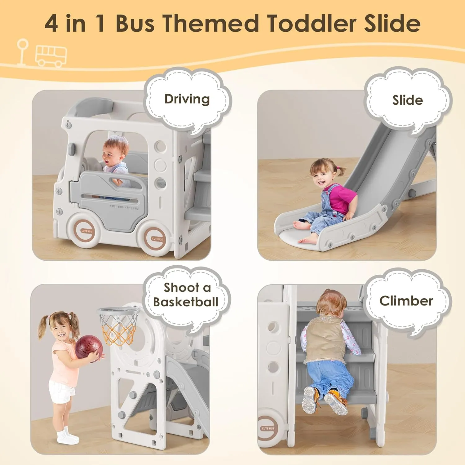 BIERUM 4 in 1 Toddler Slide Indoor, Bus Themed Baby Slide for Toddlers Aged 1-3, with Basketball Hoop, Indoor Outdoor Playground Beige Gray
