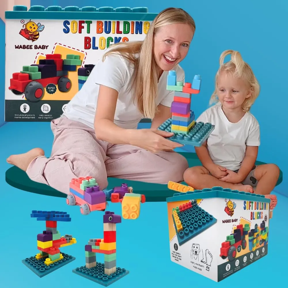 Big Soft Toddler Blocks 1-3, 40-Pieces with Baseboard for Building Stacking Playing and Booklet - Great Gift, Toys for Ages 2 , 2-3, 3-5 and 4-8 Boys, Girls