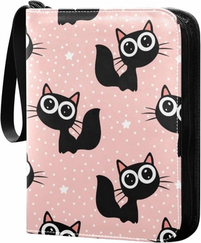 Black Cats Pink Dots Card Binder 4 Pocket Zipper PU Trading Card Album Fits 400 Game Cards 50 Removable Sleeves Card Folder Collection for Baseball MTG TCG Sports Cards