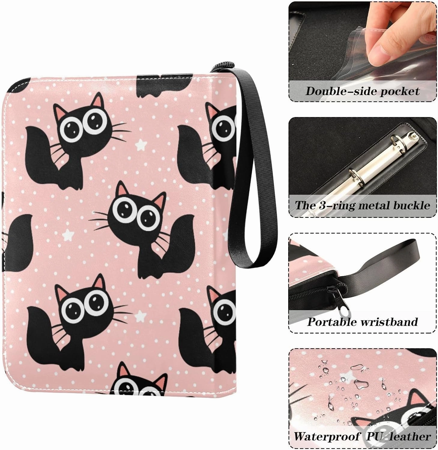 Black Cats Pink Dots Card Binder 4 Pocket Zipper PU Trading Card Album Fits 400 Game Cards 50 Removable Sleeves Card Folder Collection for Baseball MTG TCG Sports Cards