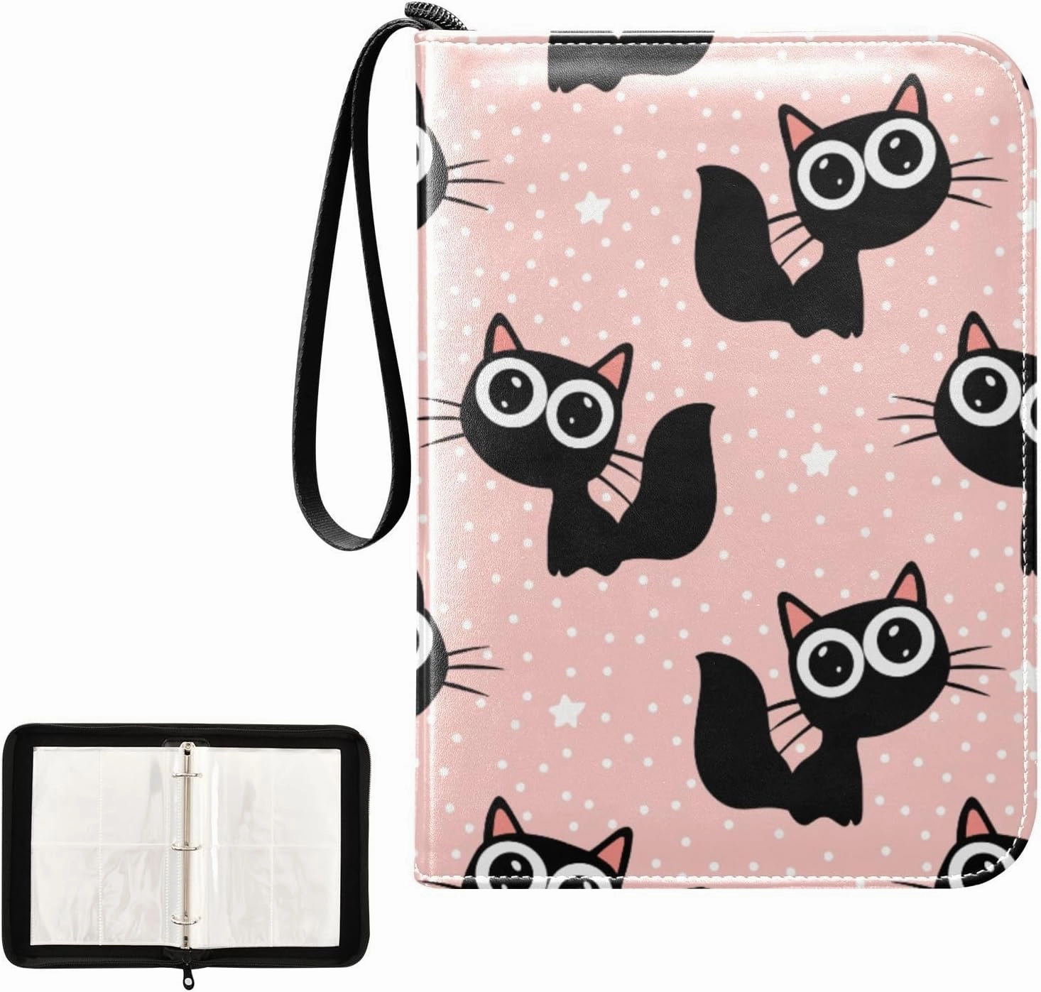 Black Cats Pink Dots Card Binder 4 Pocket Zipper PU Trading Card Album Fits 400 Game Cards 50 Removable Sleeves Card Folder Collection for Baseball MTG TCG Sports Cards