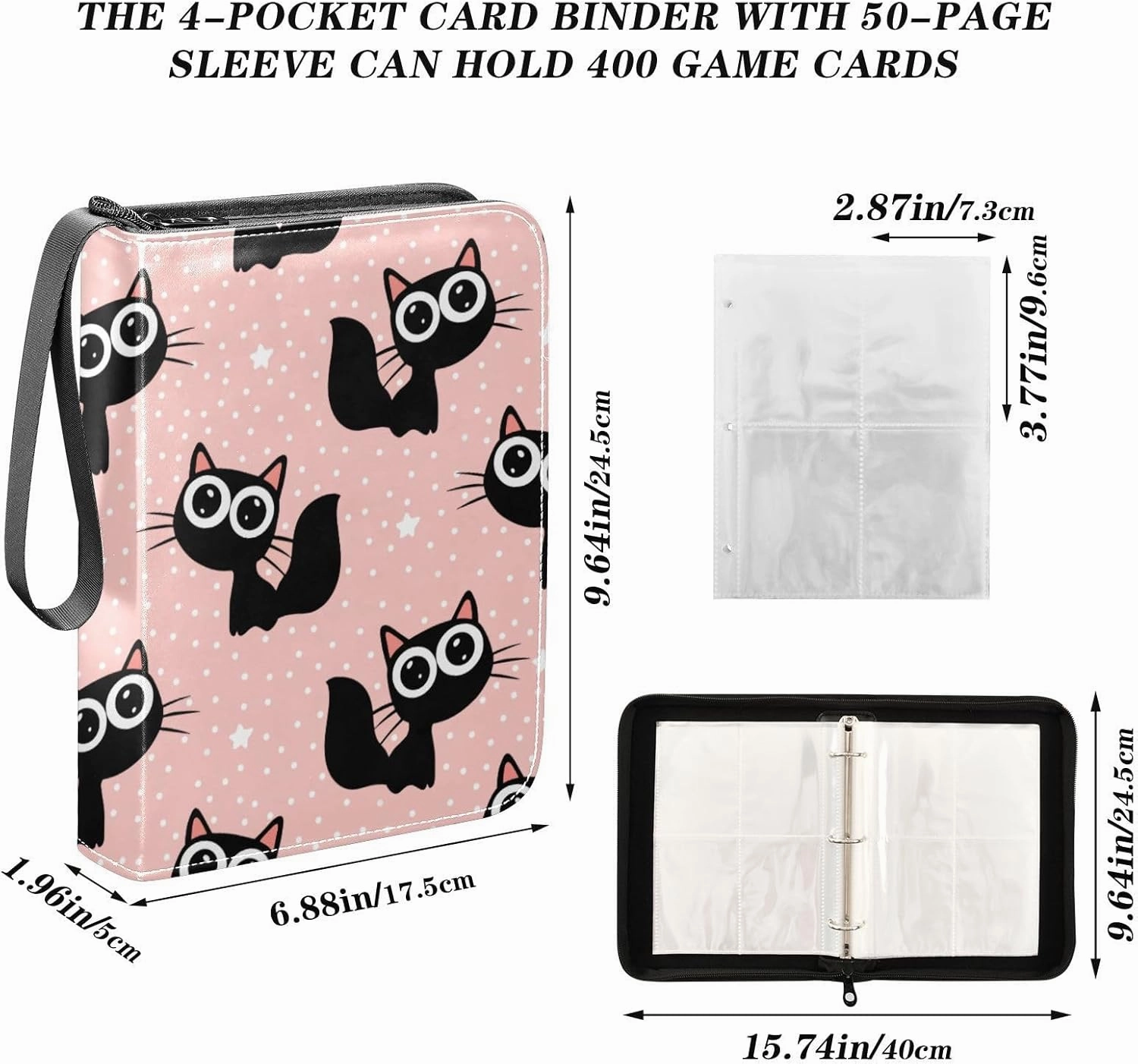 Black Cats Pink Dots Card Binder 4 Pocket Zipper PU Trading Card Album Fits 400 Game Cards 50 Removable Sleeves Card Folder Collection for Baseball MTG TCG Sports Cards