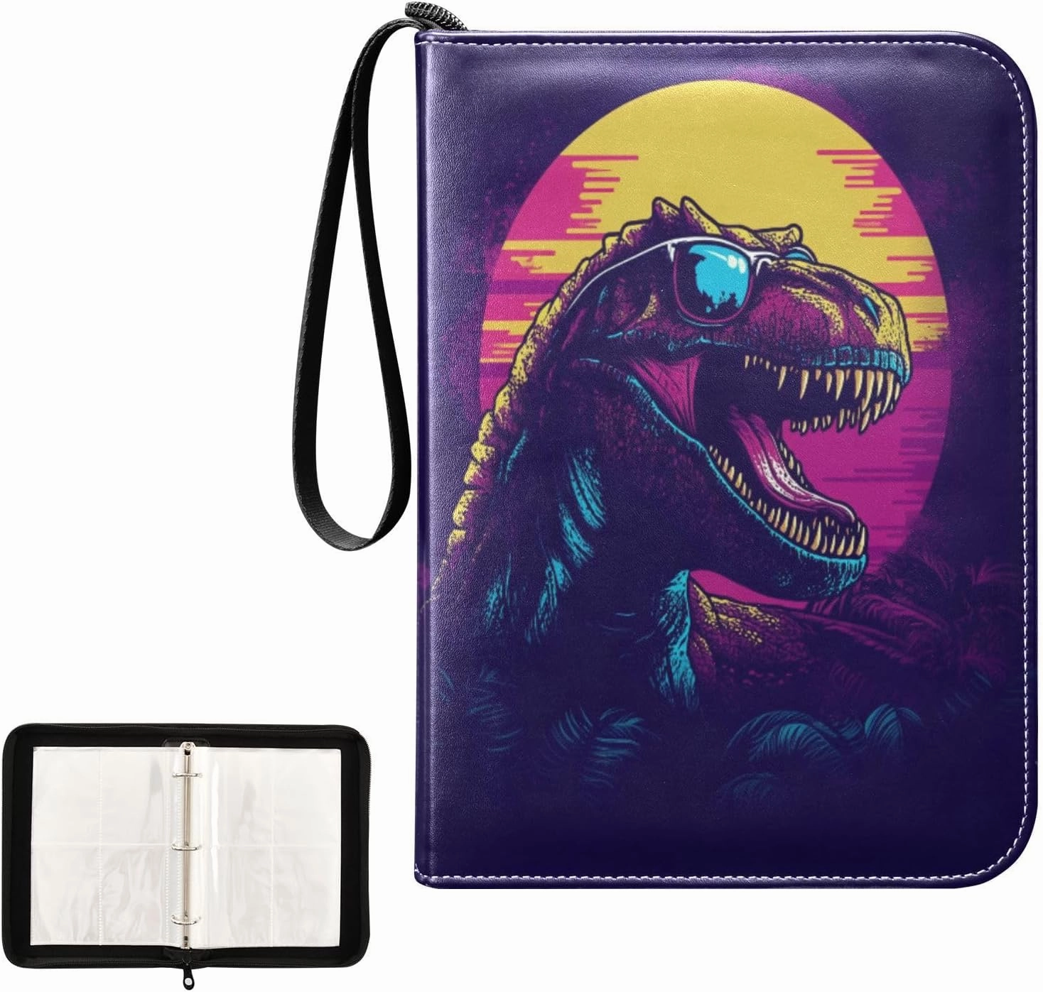 Black Dinosaur Sun Painting Card Binder 4 Pocket, Trading Card Holder Fits 400 Game Cards with 50 Removable Sleeves, MTG Card Case Standard Size