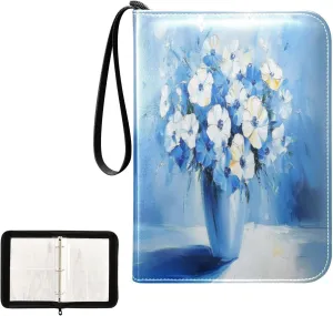Blue and White Flowers Painting Card Binder 4 Pocket, Trading Card Holder Fits 400 Game Cards with 50 Removable Sleeves, MTG Card Case Standard Size