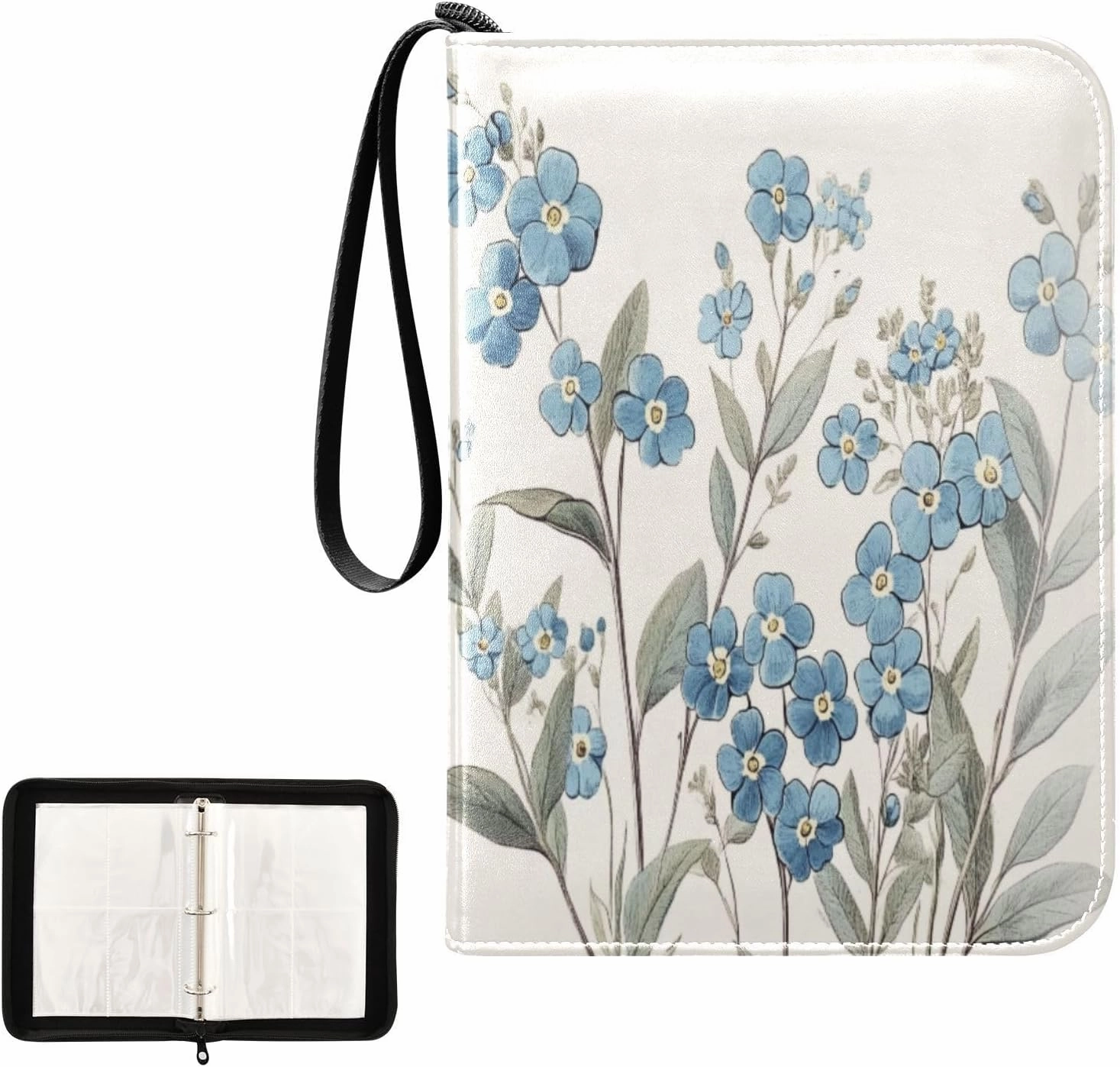 Blue Flowers Leaves Painting Card Binder 4 Pocket, Trading Card Holder Fits 400 Game Cards with 50 Removable Sleeves, MTG Card Case Standard Size
