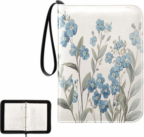 Blue Flowers Leaves Painting Card Binder 4 Pocket, Trading Card Holder Fits 400 Game Cards with 50 Removable Sleeves, MTG Card Case Standard Size