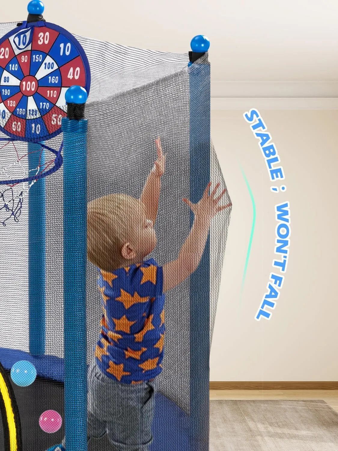 BLUERISE Trampoline 55IN 6FT Toddler Trampoline for Kids Indoor Outdoor Play for Kids Trampoline Basketball Hoop Attachment with Enclosure Net Easy to Assemble Outdoor Indoor Trampoline