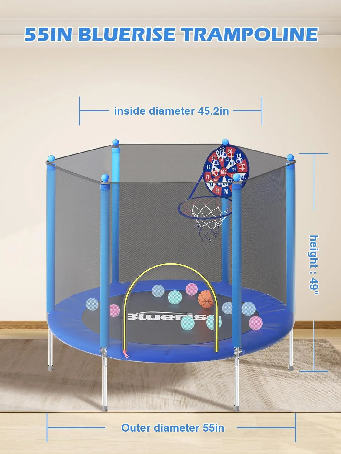 BLUERISE Trampoline 55IN 6FT Toddler Trampoline for Kids Indoor Outdoor Play for Kids Trampoline Basketball Hoop Attachment with Enclosure Net Easy to Assemble Outdoor Indoor Trampoline