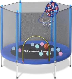 BLUERISE Trampoline 55IN 6FT Toddler Trampoline for Kids Indoor Outdoor Play for Kids Trampoline Basketball Hoop Attachment with Enclosure Net Easy to Assemble Outdoor Indoor Trampoline