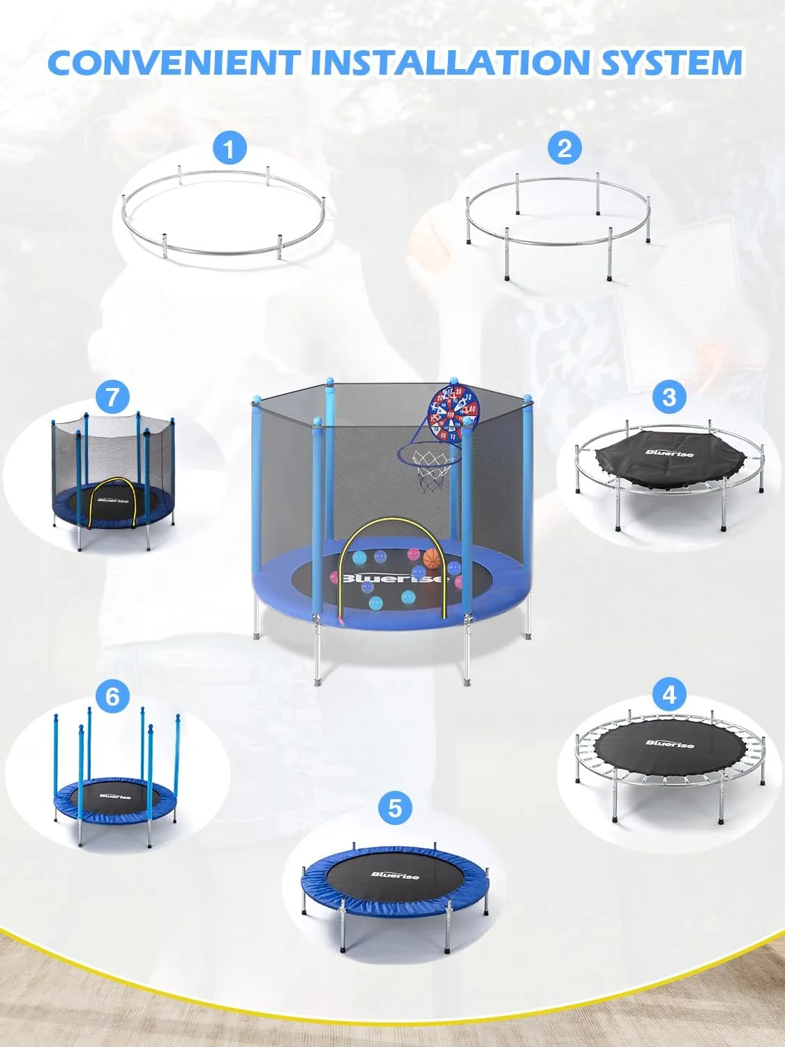BLUERISE Trampoline 55IN 6FT Toddler Trampoline for Kids Indoor Outdoor Play for Kids Trampoline Basketball Hoop Attachment with Enclosure Net Easy to Assemble Outdoor Indoor Trampoline