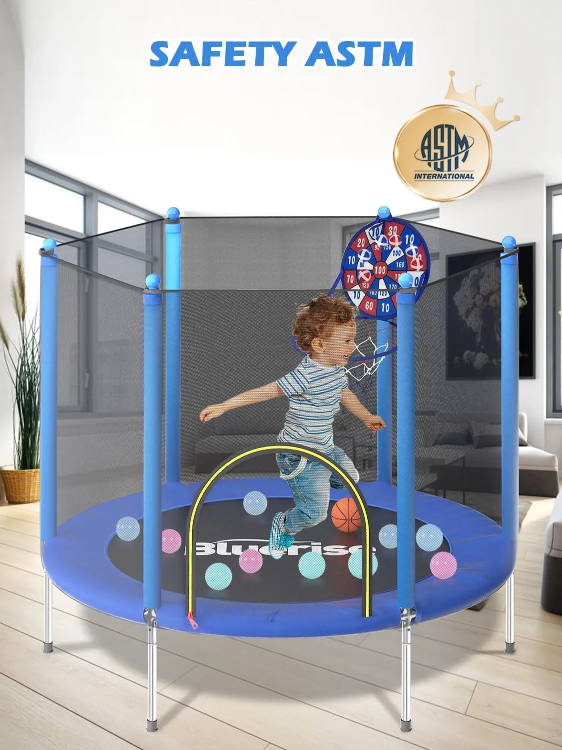 BLUERISE Trampoline 55IN 6FT Toddler Trampoline for Kids Indoor Outdoor Play for Kids Trampoline Basketball Hoop Attachment with Enclosure Net Easy to Assemble Outdoor Indoor Trampoline