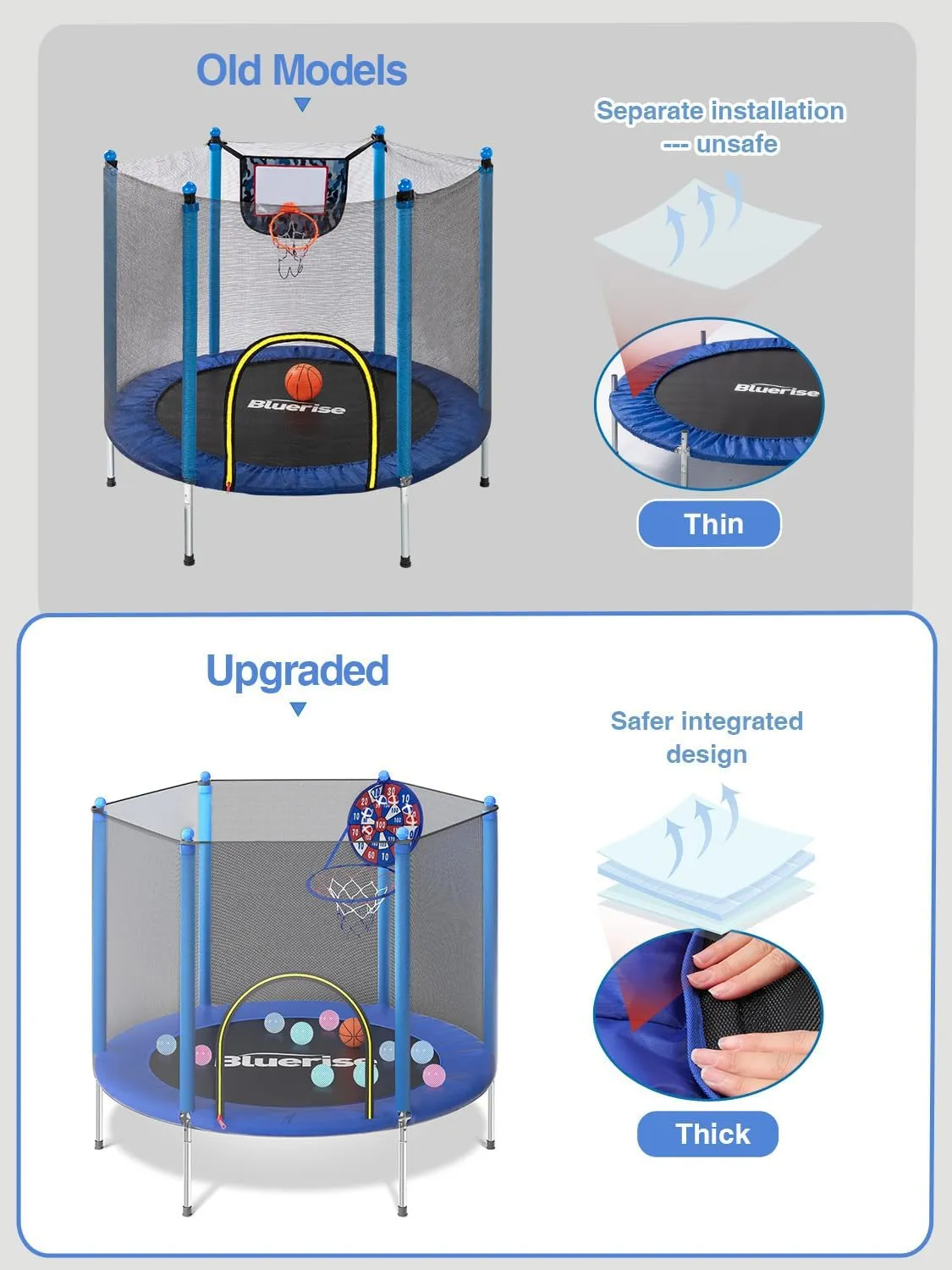 BLUERISE Trampoline 55IN 6FT Toddler Trampoline for Kids Indoor Outdoor Play for Kids Trampoline Basketball Hoop Attachment with Enclosure Net Easy to Assemble Outdoor Indoor Trampoline