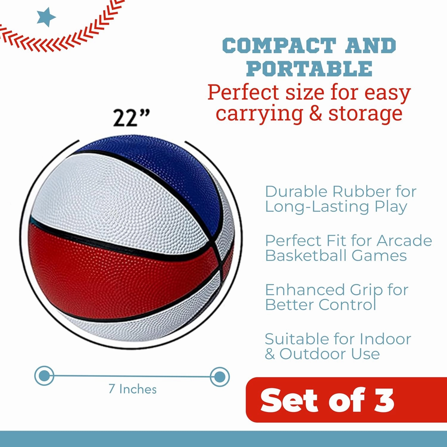 Botabee Red, White and Blue Mini Basketball Set Basketball Arcade Games - Size 3, 7” Junior Basketballs Suitable for Indoors, Outdoors and Arcade Basket Ball - 3 Pack