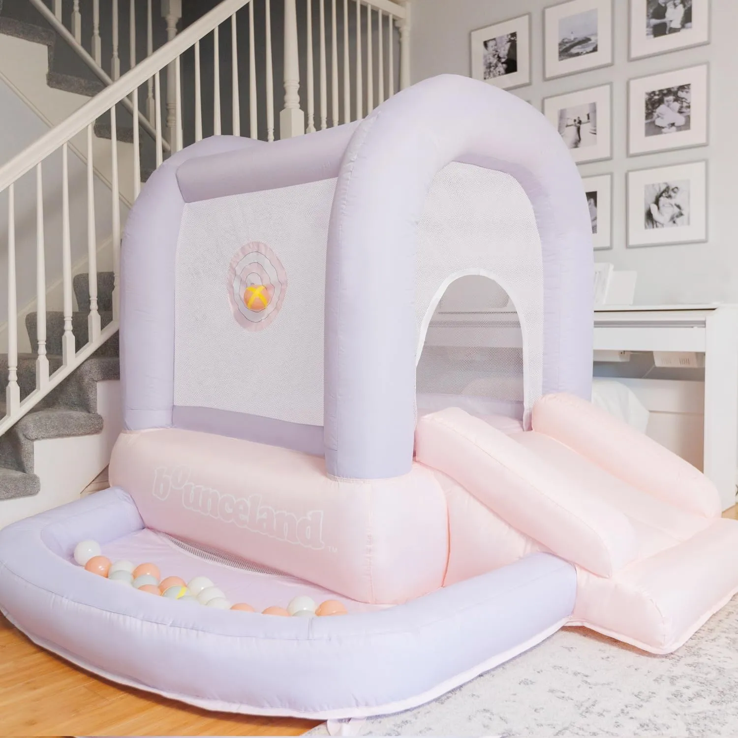 Bounceland Mini Bouncer Cotton Candy with Ball Pit, 6ft L x 6ft W x 4.6ft H inflated Size, UL Blower Included, Basketball Hoop, 30 Pastel Plastic Balls, Trendy Bouncer for Kids