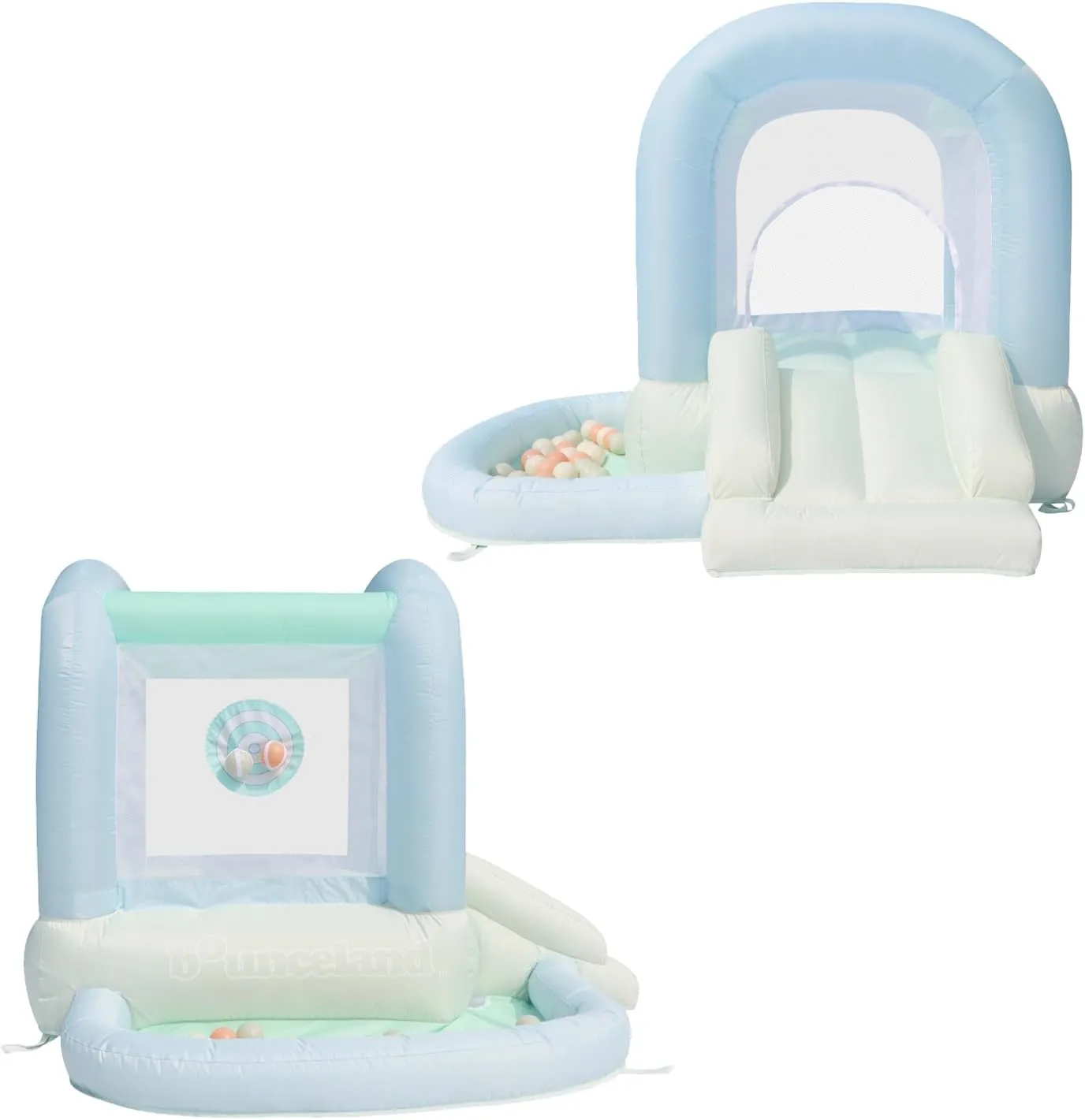 Bounceland Mini Bouncer Mist with Ball Pit, 6ft L x 6ft W x 4.6ft H inflated Size, UL Blower Included, Basketball Hoop, 30 Pastel Plastic Balls, Trendy Bouncer for Kids