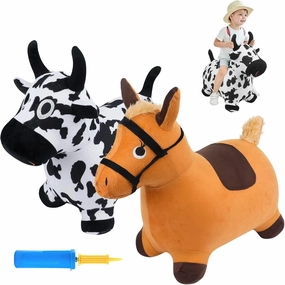 Bouncy Hopper Cow & Horse 2 PCS, Inflatable Hopping Outdoor Ride on Bouncy Animal Play Toys with Pump, Birthday for Kids, Toddlers, Boys, Girls 3 4 5 6 Years Old
