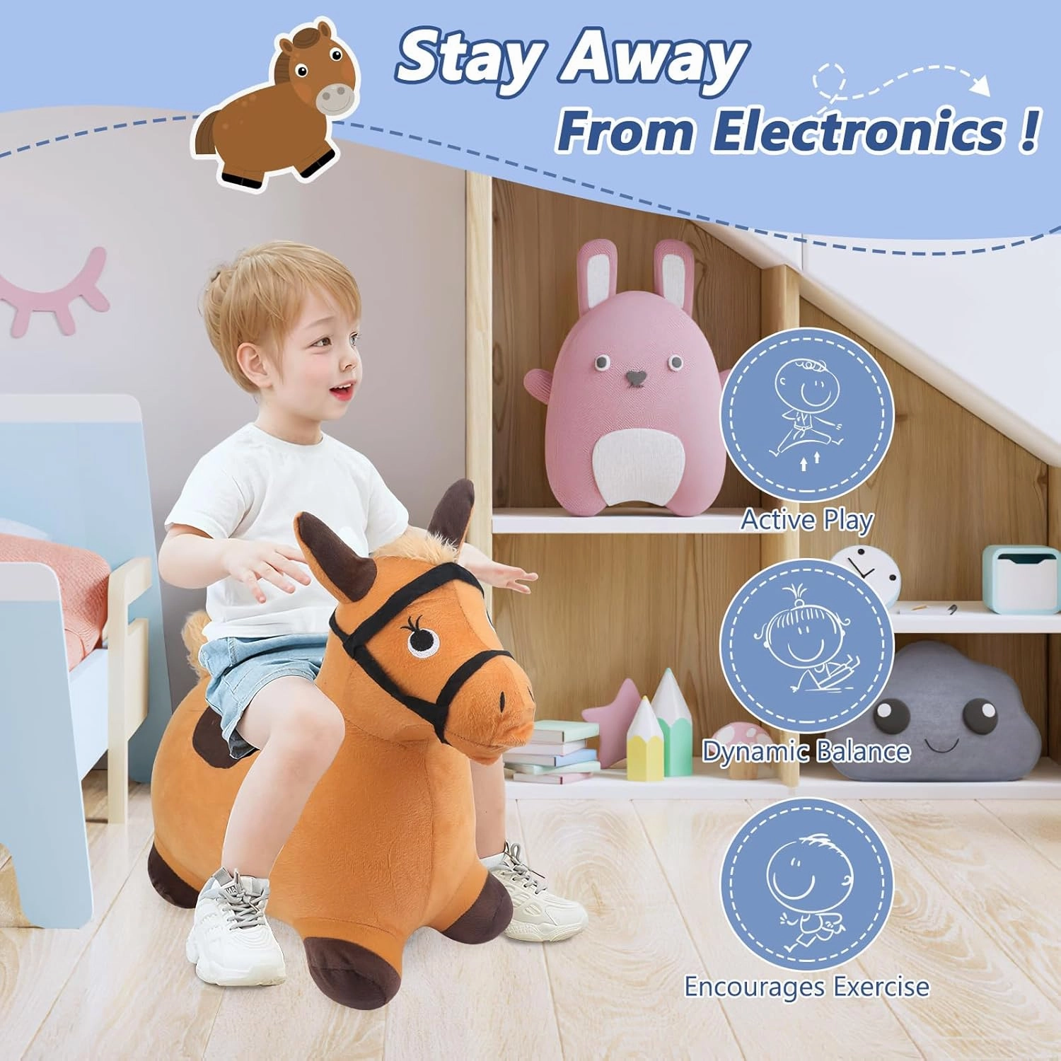 Bouncy Hopper Horse, Inflatable Hopping Outdoor Ride on Bouncy Animal Play Toys with Pump, Birthday for Kids, Toddlers, Boys, Girls 3 4 5 6 Years Old