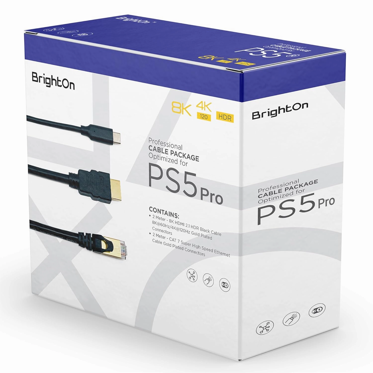 BrightOn - Optimized PS5 PRO HDMI 2.1 Cable 8K@60Hz/4K@120Hz Gold Plated CAT 7 Super High Speed 2M USB C to USB C Fast Charge Cable