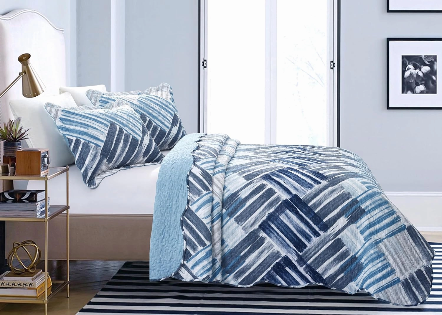Brilliant Sunshine Blue and Grey Stripe Blocks Patchwork, 3-Piece Quilt Set with 2 Shams, Reversible Bedspread, Soft Lightweight Coverlet, All-Season, Full/Queen, Blue Grey
