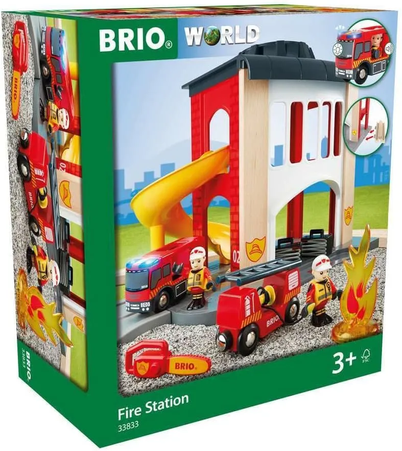 BRIO 33833 World Central Fire Station - Interactive Toy Set with Fire Truck and Accessories | Light and Sound Features | Compatibility with All BRIO Railway Toys | Safety Tested | for Kids Ages 3 