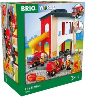 BRIO 33833 World Central Fire Station - Interactive Toy Set with Fire Truck and Accessories | Light and Sound Features | Compatibility with All BRIO Railway Toys | Safety Tested | for Kids Ages 3 