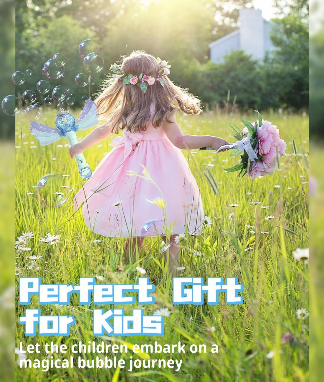 Bubble Wand for Kids Girls - Automatic Bubble Machine with LED Light Music, Include 2 Bubble Solutions, Outdoor Party Easter Birthday Gifts Toys for Toddlers 3 4 5 6 7 8 Year Old