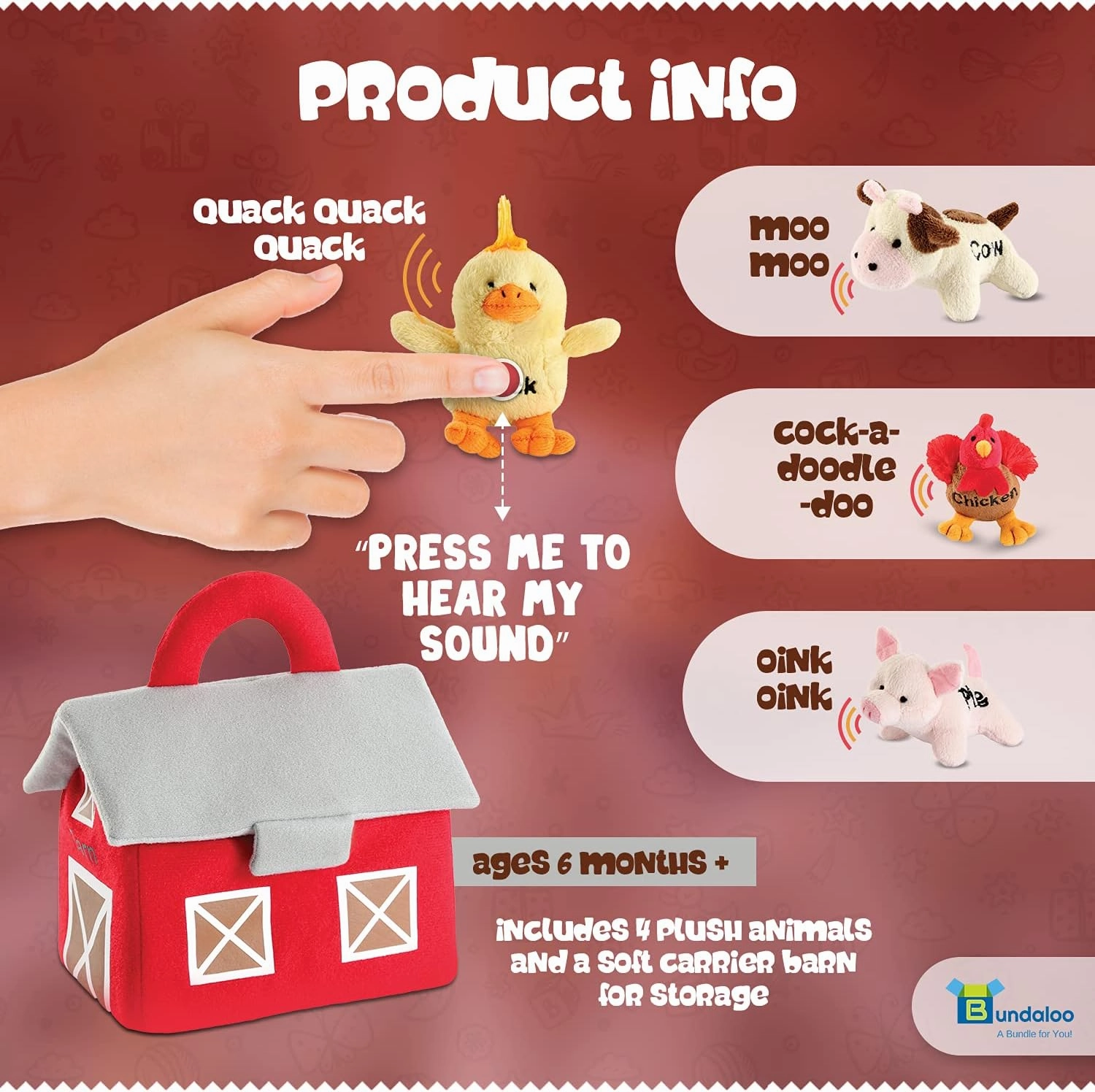 Bundaloo Plush Farm Animal Toys with Realistic Sounds - Plushie Play Set with Barn Carrier