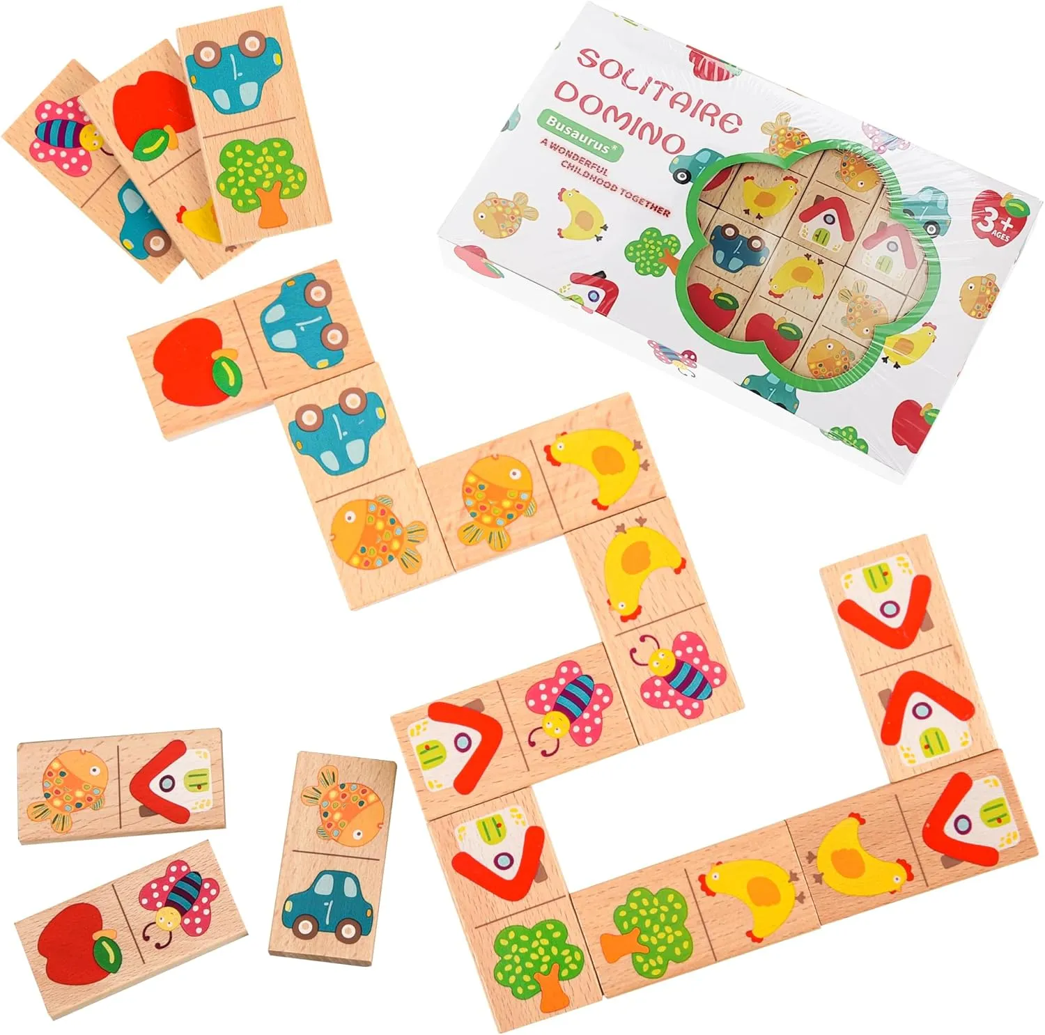Busaurus- 28 Pcs Standard Edition Wooden Domino Puzzle Game - Multicolor Fruit & Animal Design, Educational Family Logic and Thinking Skill Development Toy, Kids Dominoes Set, Gift for Age 3 