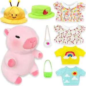 Capybara Plush with 9 pcs Clothes & Accessories, 10.2 in Cute Capybara Stuffed Animal Plush Toys, Dress Up Cute Plushies for Girls/Boys (Pink Yellow)