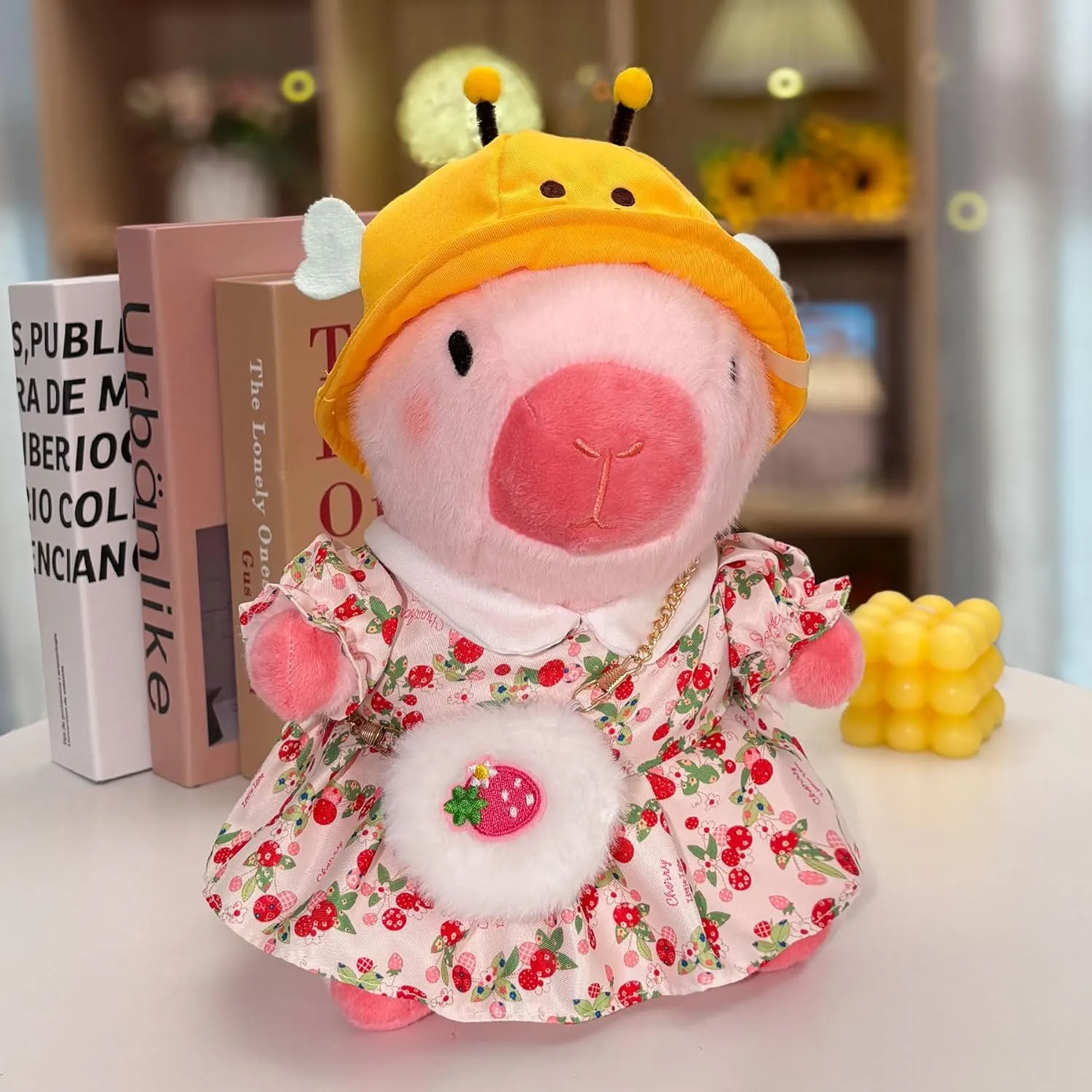 Capybara Plush with 9 pcs Clothes & Accessories, 10.2 in Cute Capybara Stuffed Animal Plush Toys, Dress Up Cute Plushies for Girls/Boys (Pink Yellow)