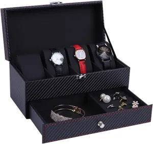 Carbon Fiber Watch Box with 4 Slots and Double Layer Jewelry Storage, PU Leather Watch and Accessories Storage Box(Blacka)