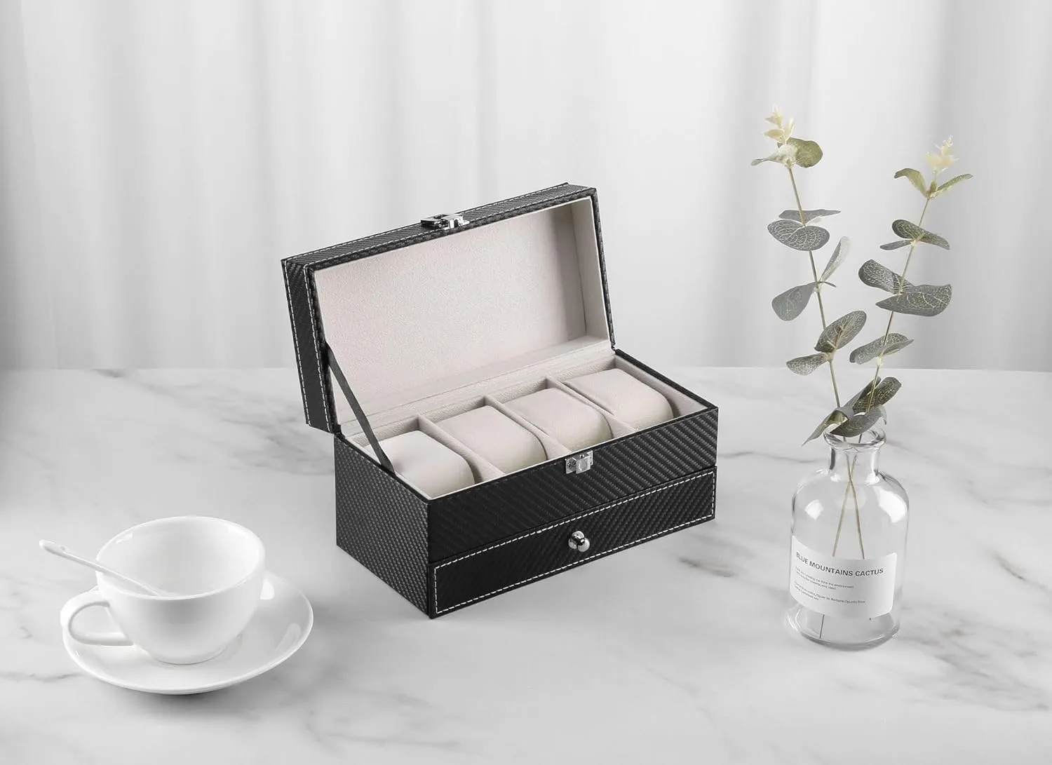 Carbon Fiber Watch Box with 4 Slots and Double Layer Jewelry Storage, PU Leather Watch and Accessories Storage Box(Blacka)