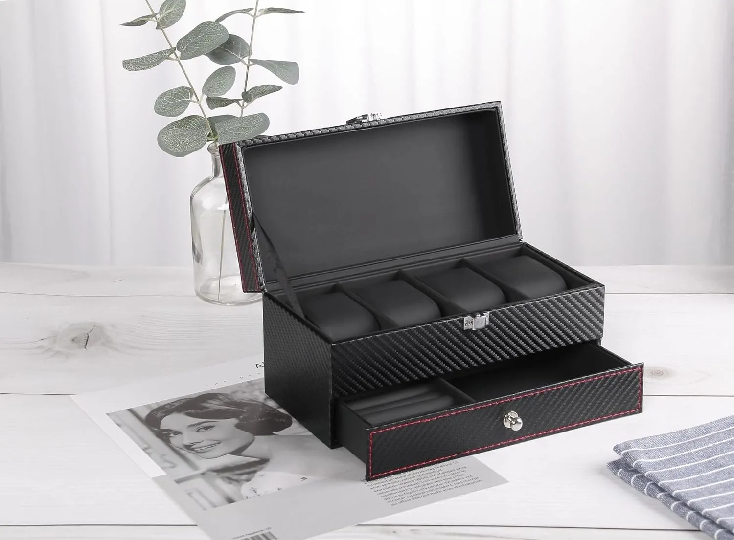 Carbon Fiber Watch Box with 4 Slots and Double Layer Jewelry Storage, PU Leather Watch and Accessories Storage Box(Blacka)